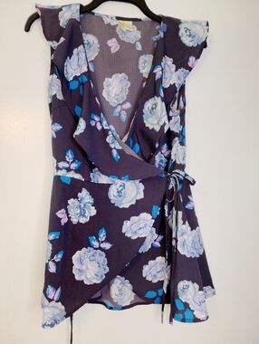 Japna Navy Floral Wrap Top Blue and Pink Accents